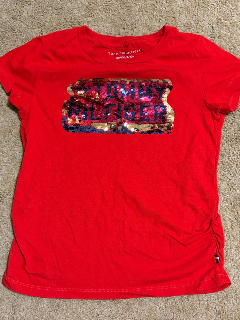 Tommy Hilfiger Red Short Sleeve Tee with Gold & Navy Sequin Logo